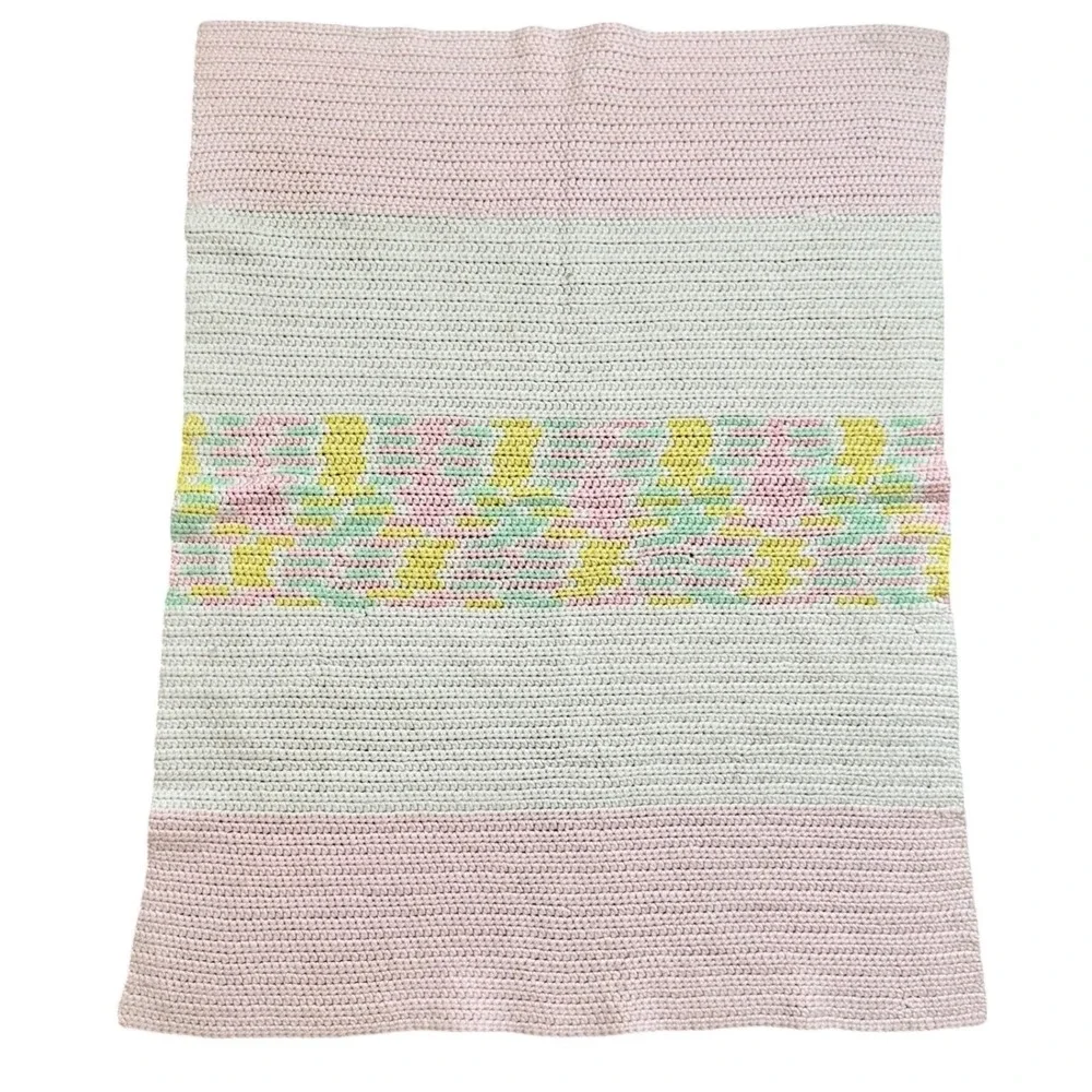 Handmade Crochet Baby‎ Blanket Pink Cream Yellow Pastel Striped Throw 33X26